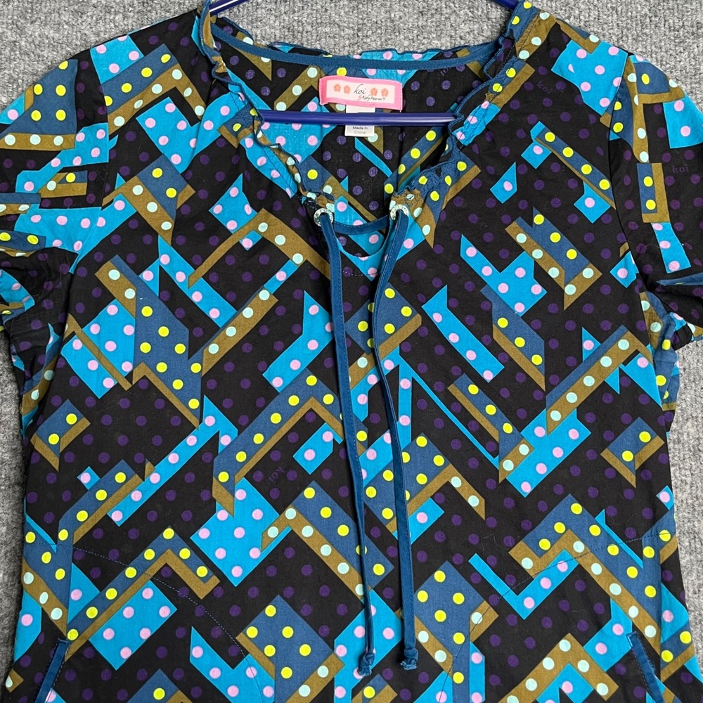 Koi by Kathy Peterson Scrub Top Small Blue Geometric Polka Dot Lace Up - Picture 2 of 9